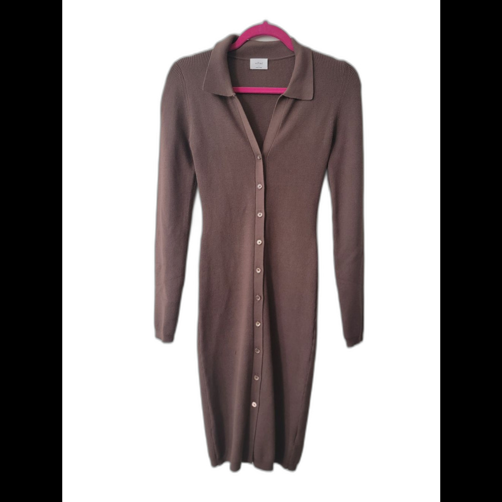 Wilfred Long-Sleeve Button Front Bodycon Ribbed Knit Dress — Brown